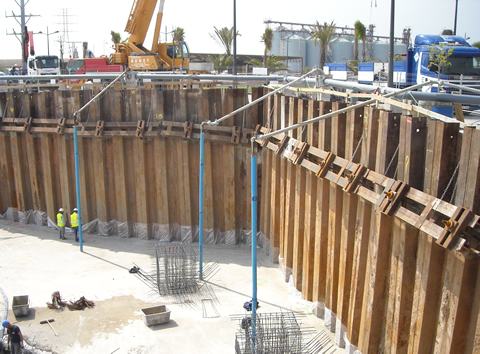 Braced sheet piling walls with ground anchors